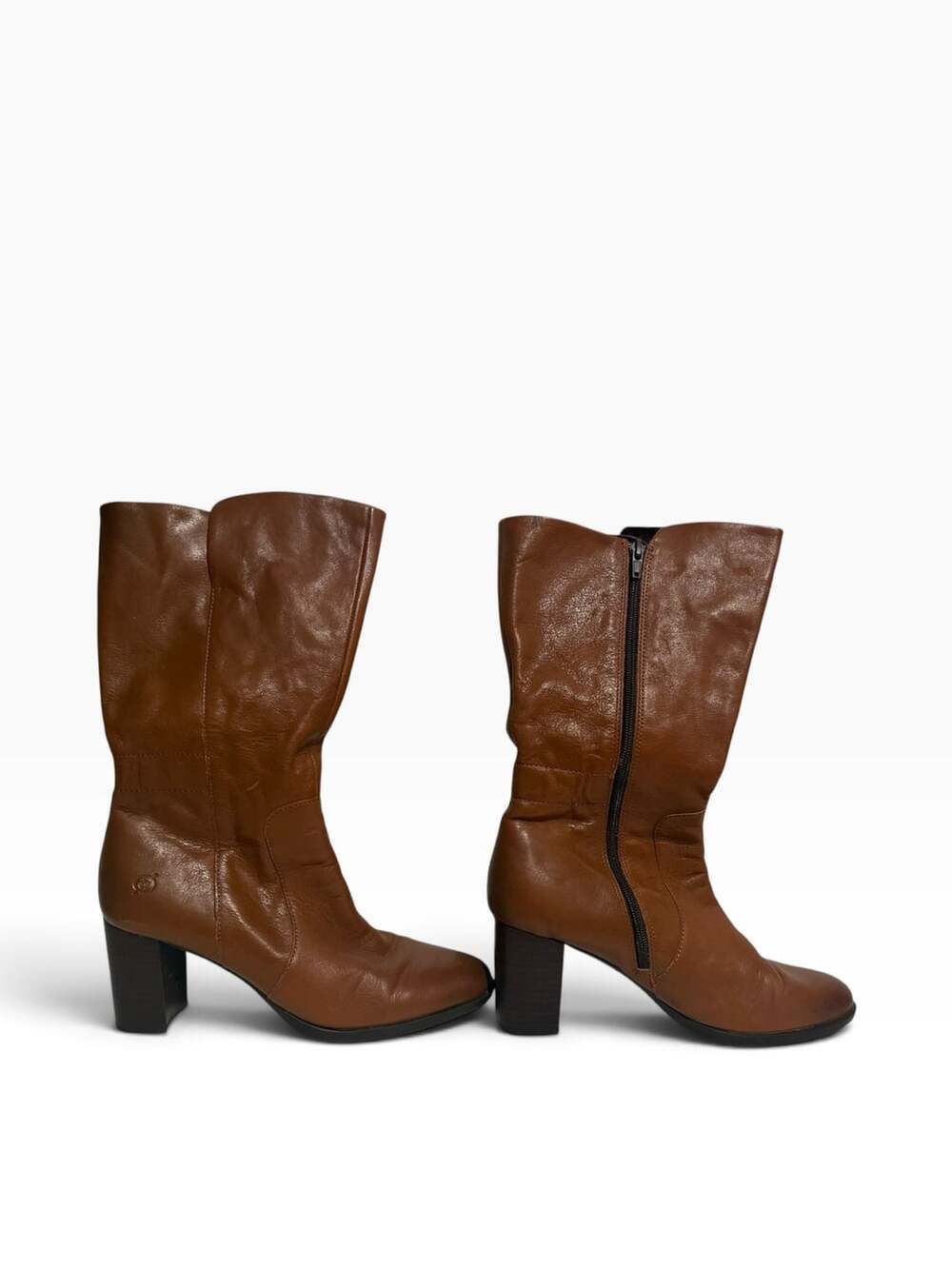 Born Brown Leather Mid-Calf Block Heel Boots with Side Zipper